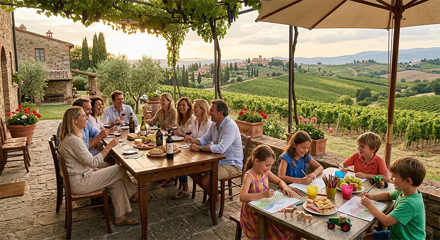 famiglia che degusta con bambini